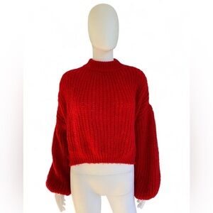 Simple Red Chunky Knit Cropped Sweater Balloon Sleeves Cozy | Size: 4-6